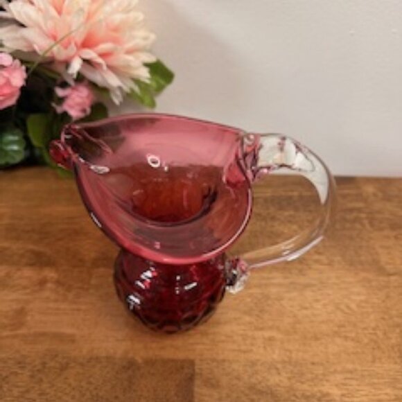 Vintage Cranberry Diamond Pattern Glass Pitcher‎ – Sculptural Handle Mid-Century - Picture 3 of 6